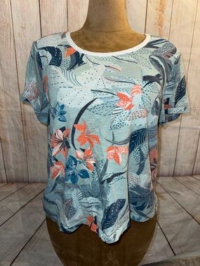 Chico's Coral & Blue Floral Short Sleeve Tee, tropical, Sz 3 or XL